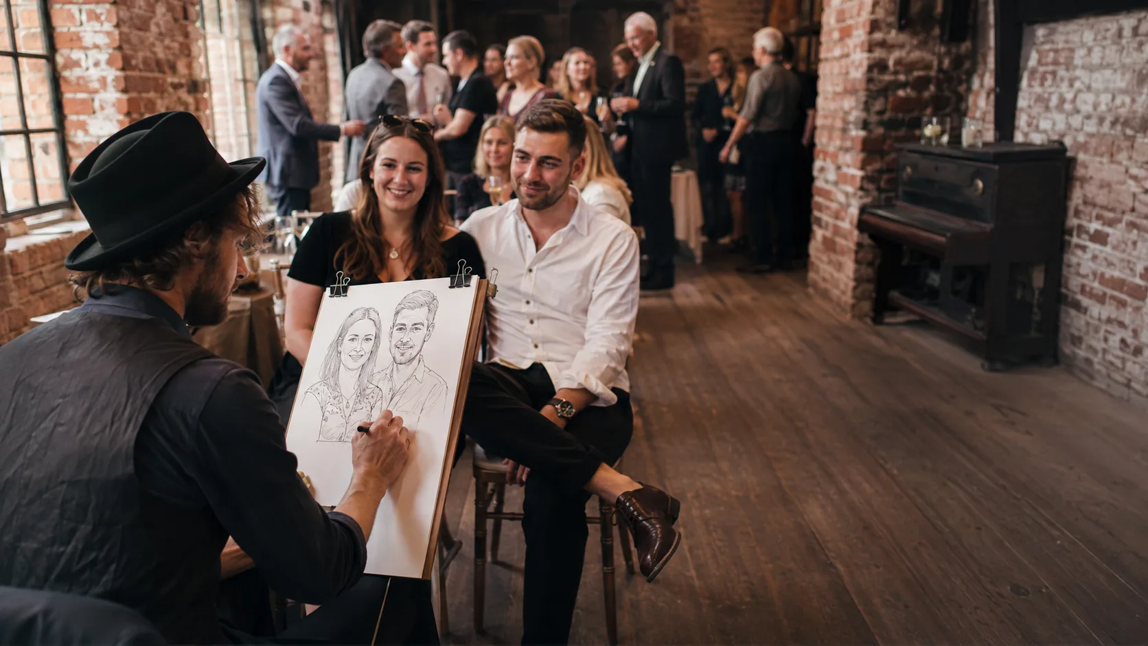 Caricaturist sketching a guest at a lively event in the UK