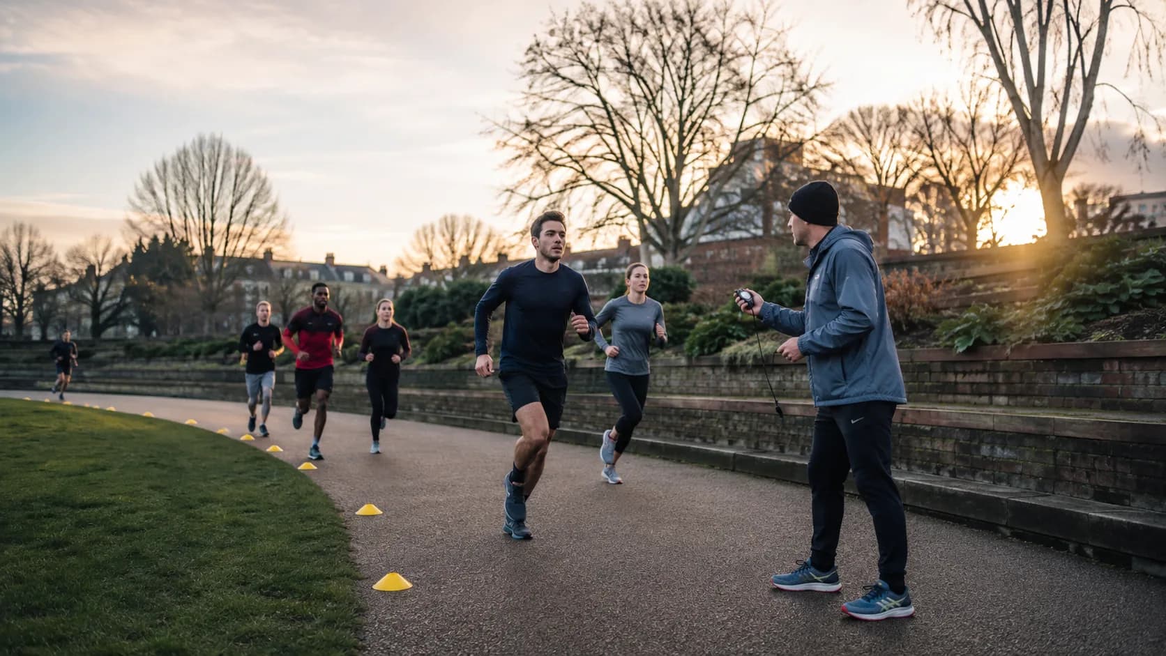 A run club completes an evening interval session at a park in the UK