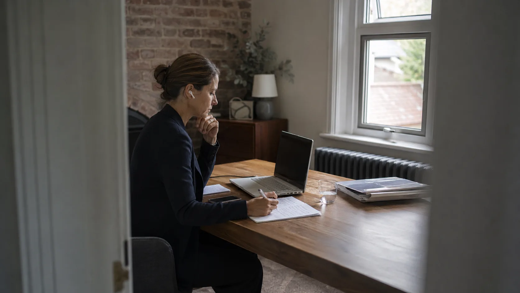 A sales professional takes notes during a scheduled video call in the UK