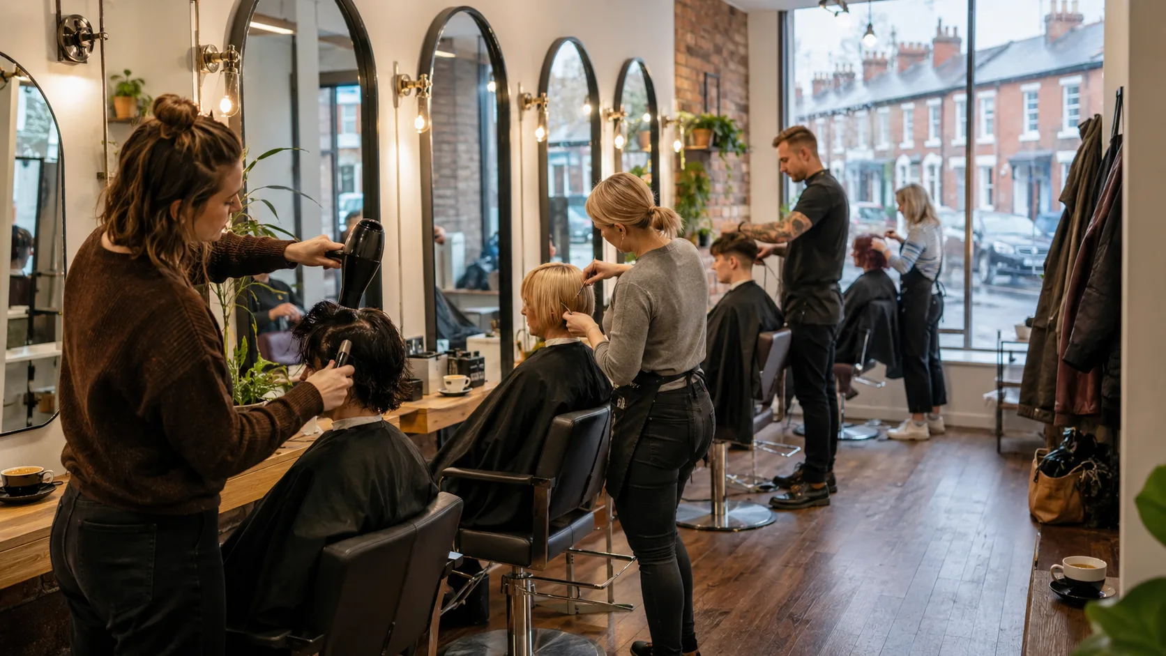Independent stylists work from occupied chairs inside a bright shared salon