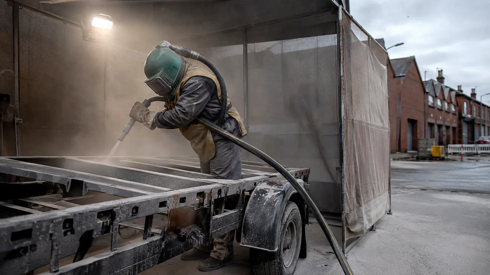 A blaster stripping rusted steel back to bare metal in the UK