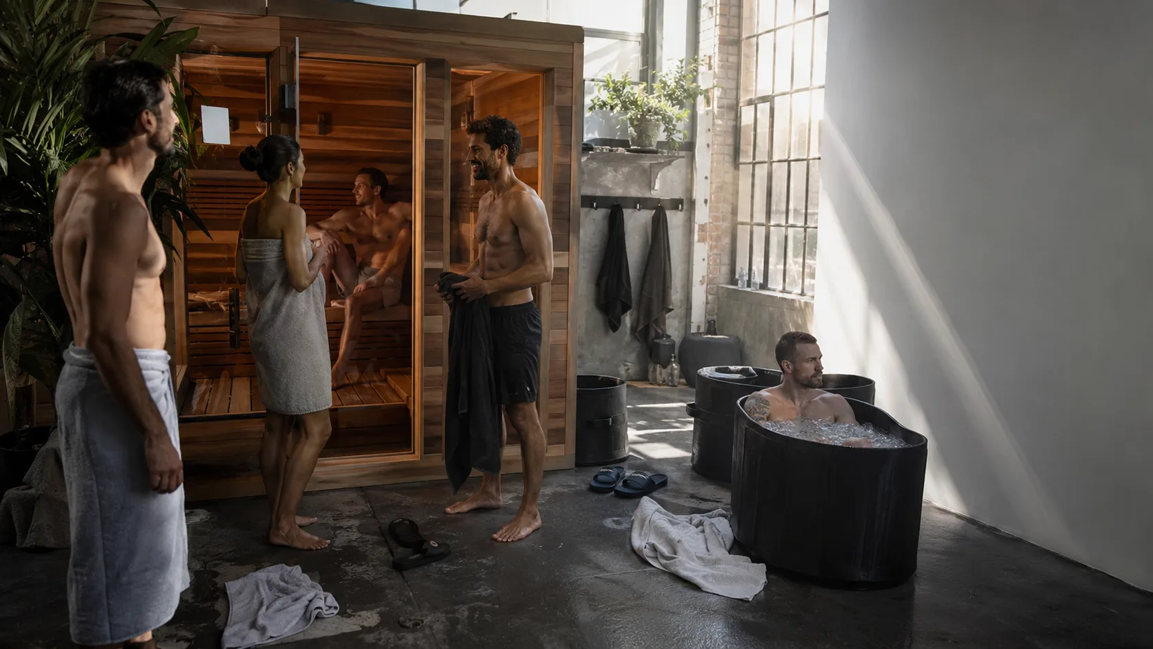 Customers use a busy British sauna suite beneath clear directional light