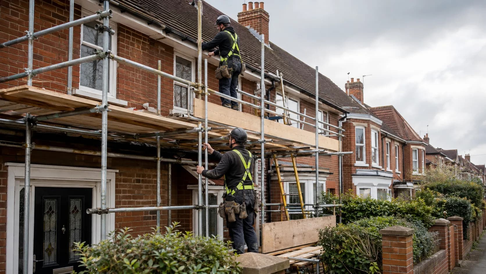 Scaffolders erecting a scaffold on a house in the UK