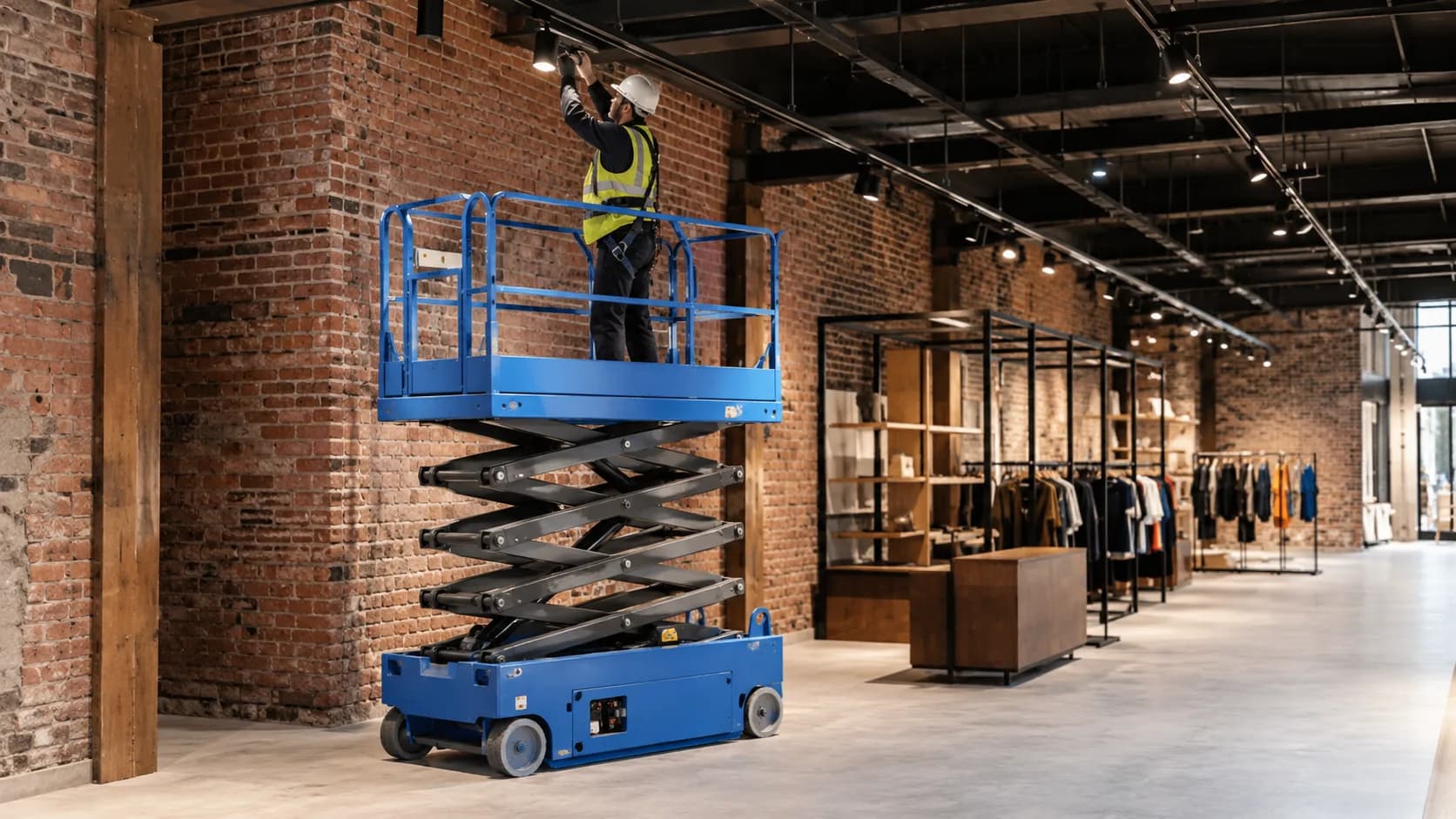Worker using a scissor lift in a refurbished warehouse in the UK