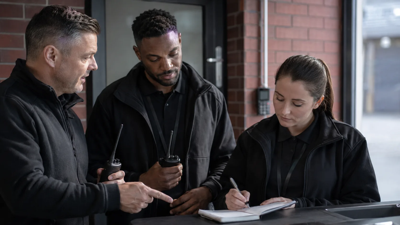 Security trainees rehearse calm access control with radios and incident notebooks in the UK