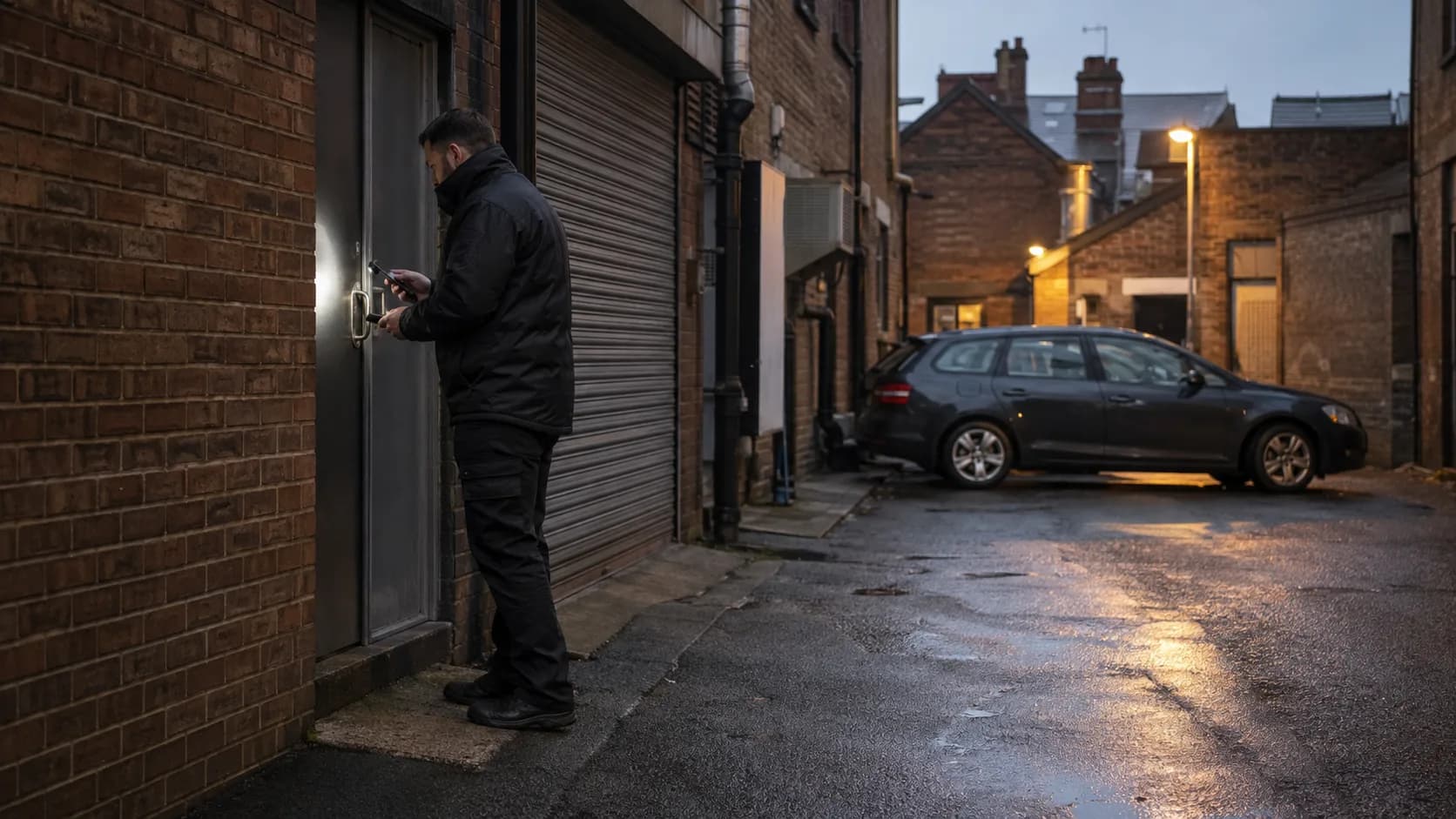 A patrol officer checks a shutter lock in a British side street at night