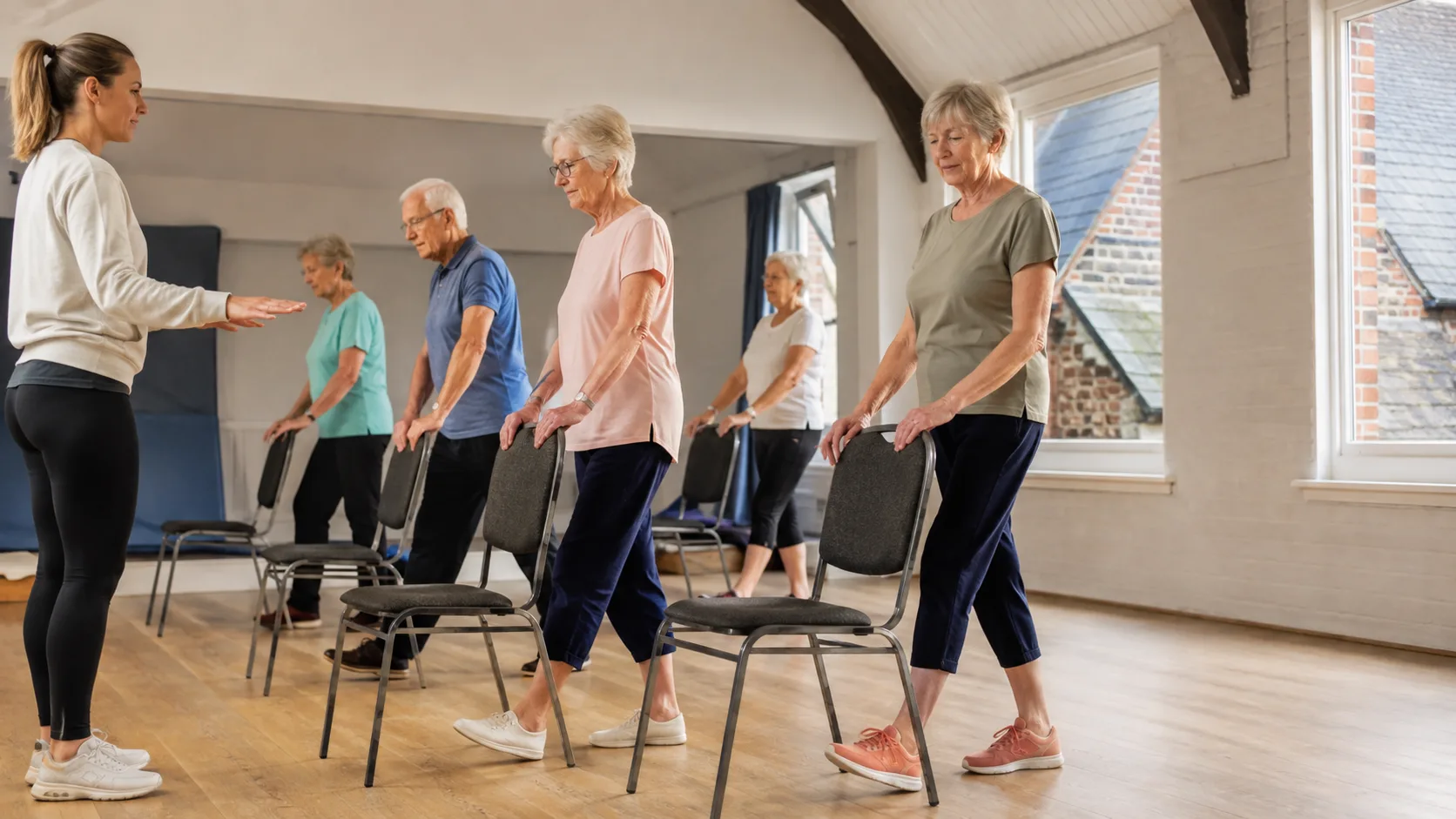 For low-impact classes, older adults practise balance exercises at a village hall in the UK