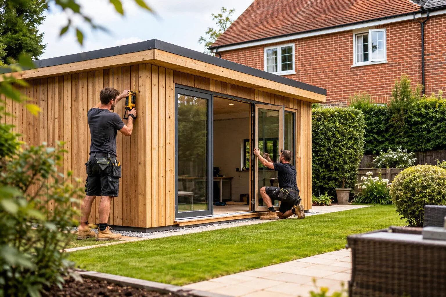 A crew standing a steel shed frame on a poured pad in the UK