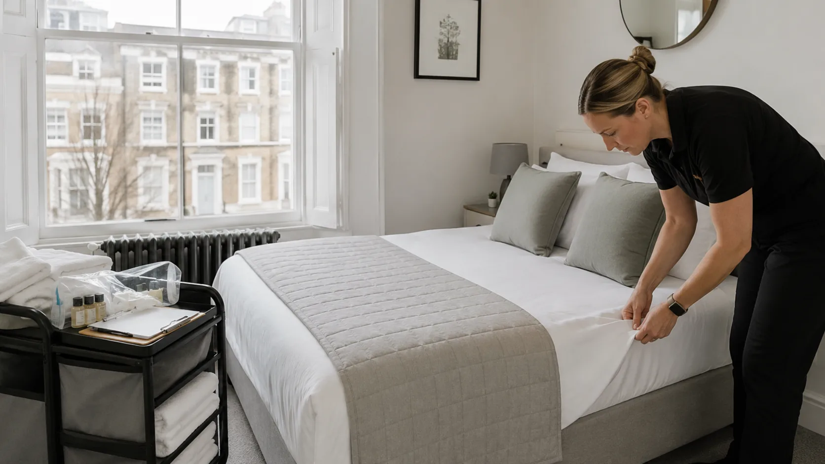 A turnover cleaner making up a bed in a short-stay property in the UK