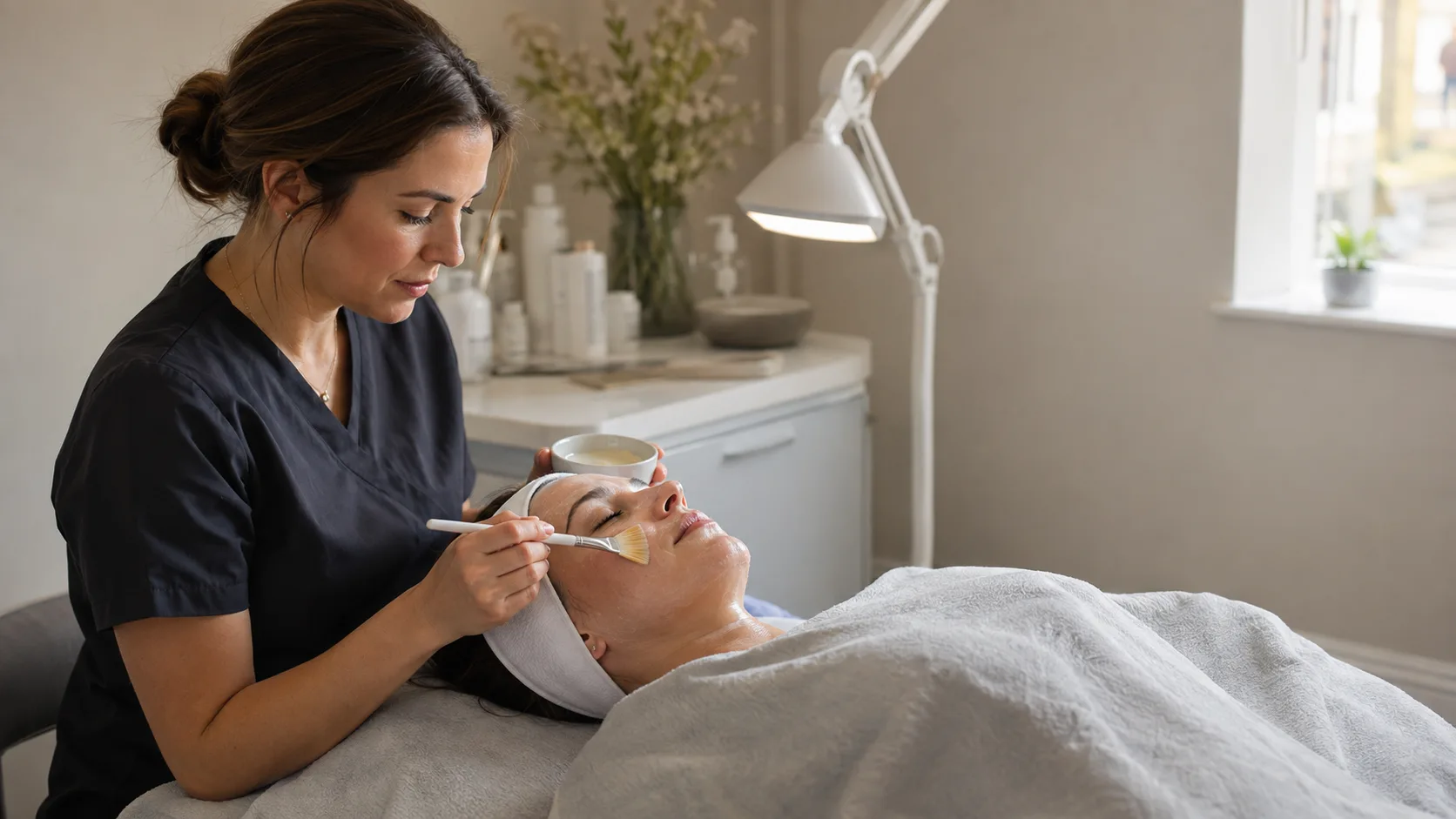 Skin therapist applying a facial mask for a client inside a compact UK high-street studio