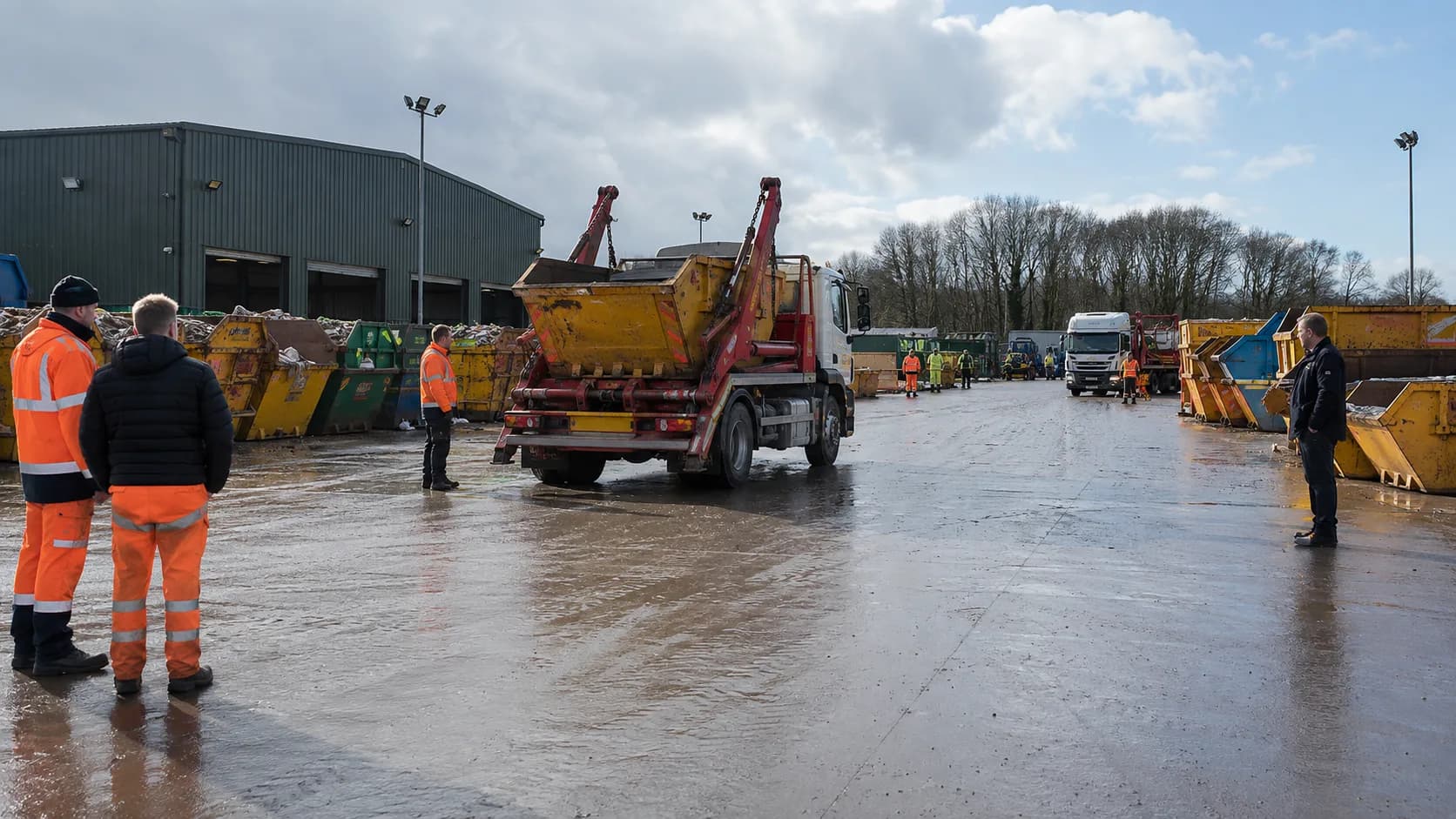 Customers collect booked skip size from a busy counter in the UK
