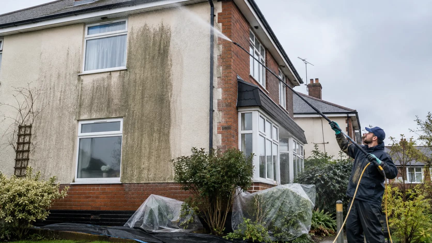 A soft washing operator treating a house roof at low pressure in the UK