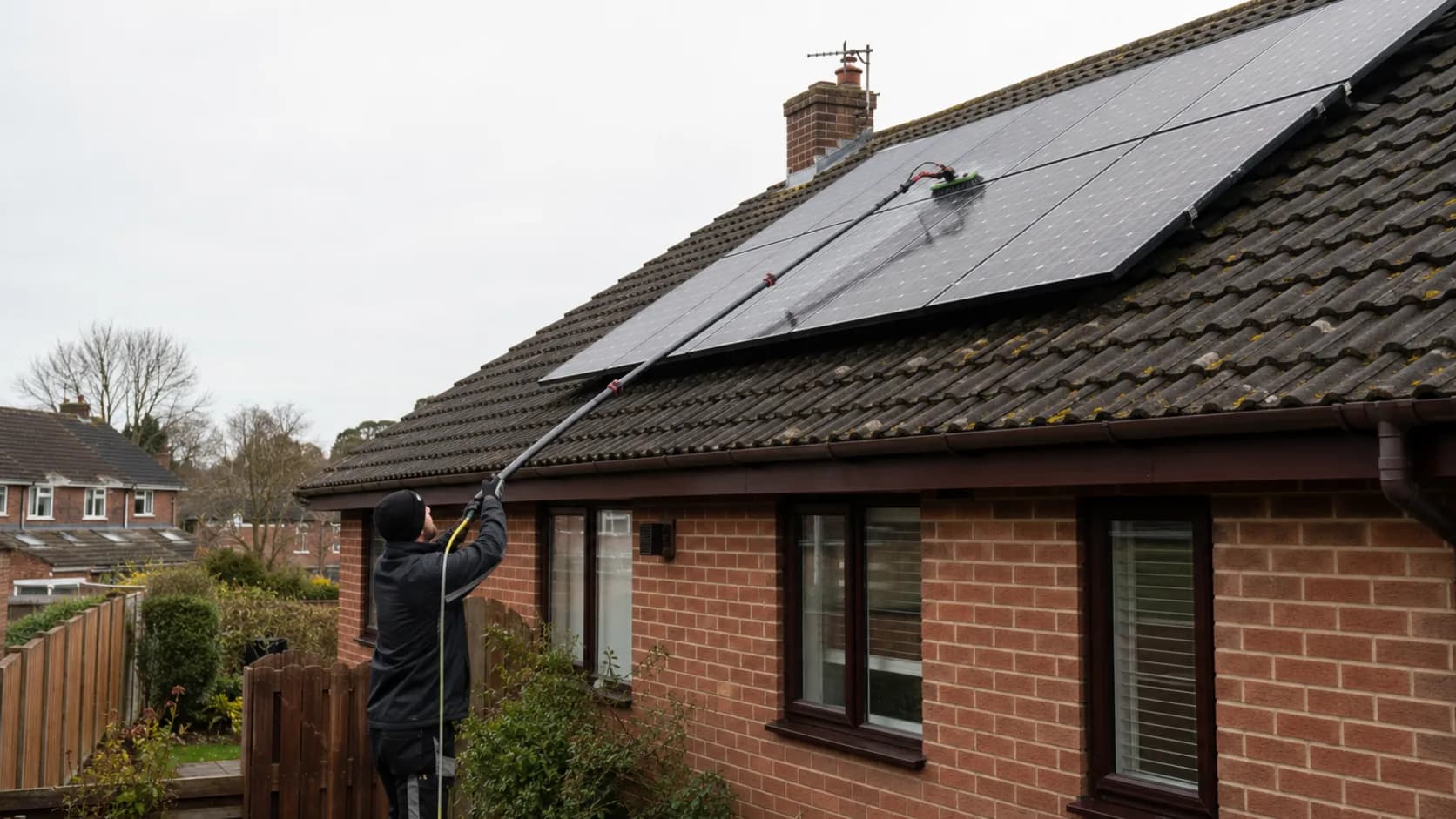 A cleaner washing a rooftop solar array in the UK