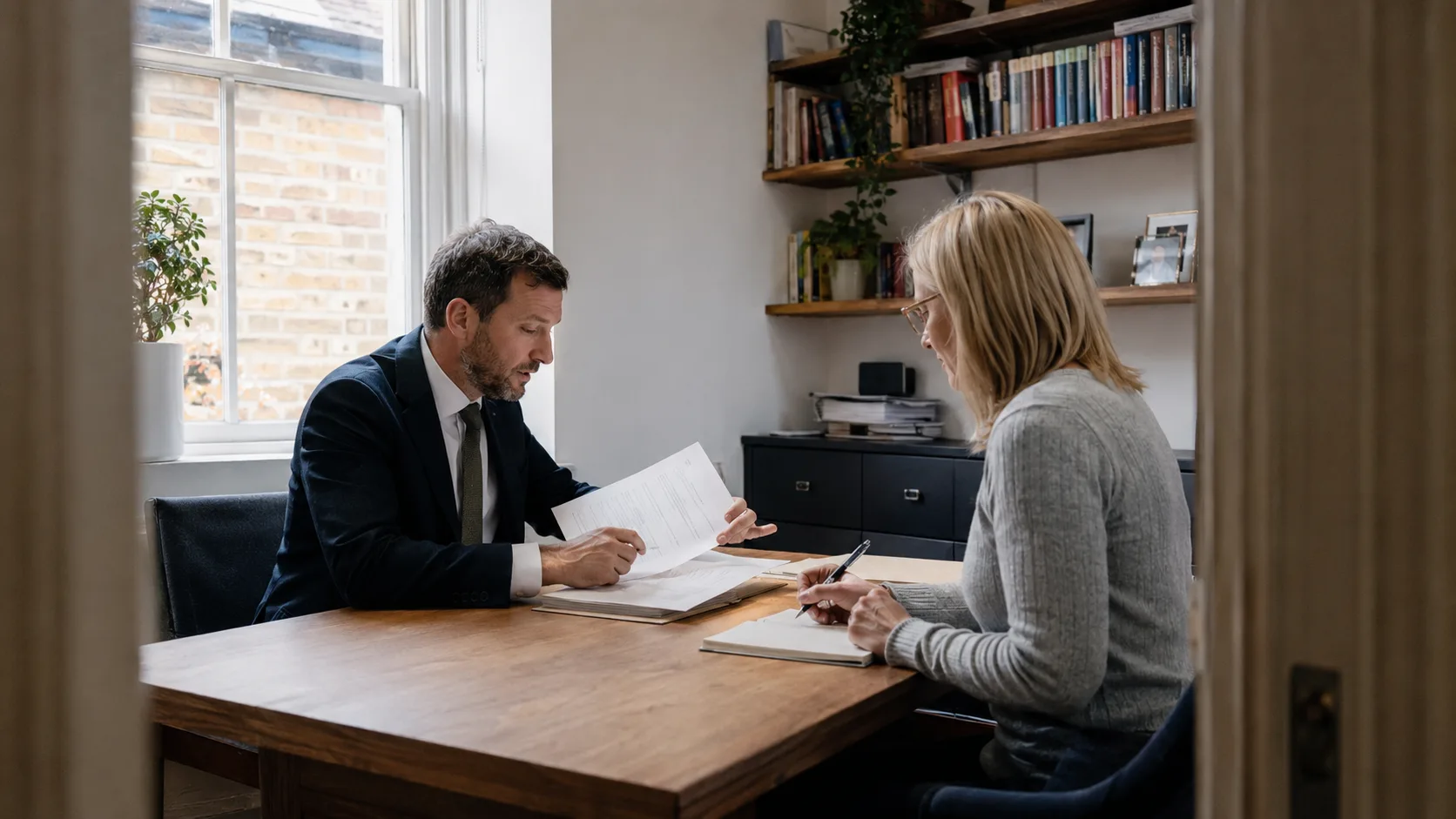 A solicitor discusses a legal document with a client in the UK