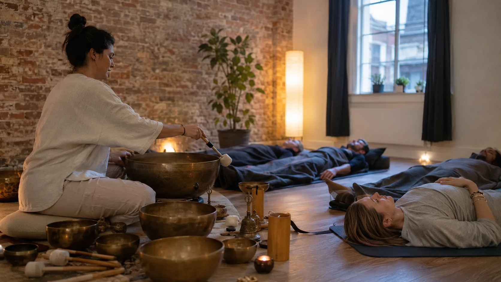 A sound bath begins in a compact wellness studio in the UK
