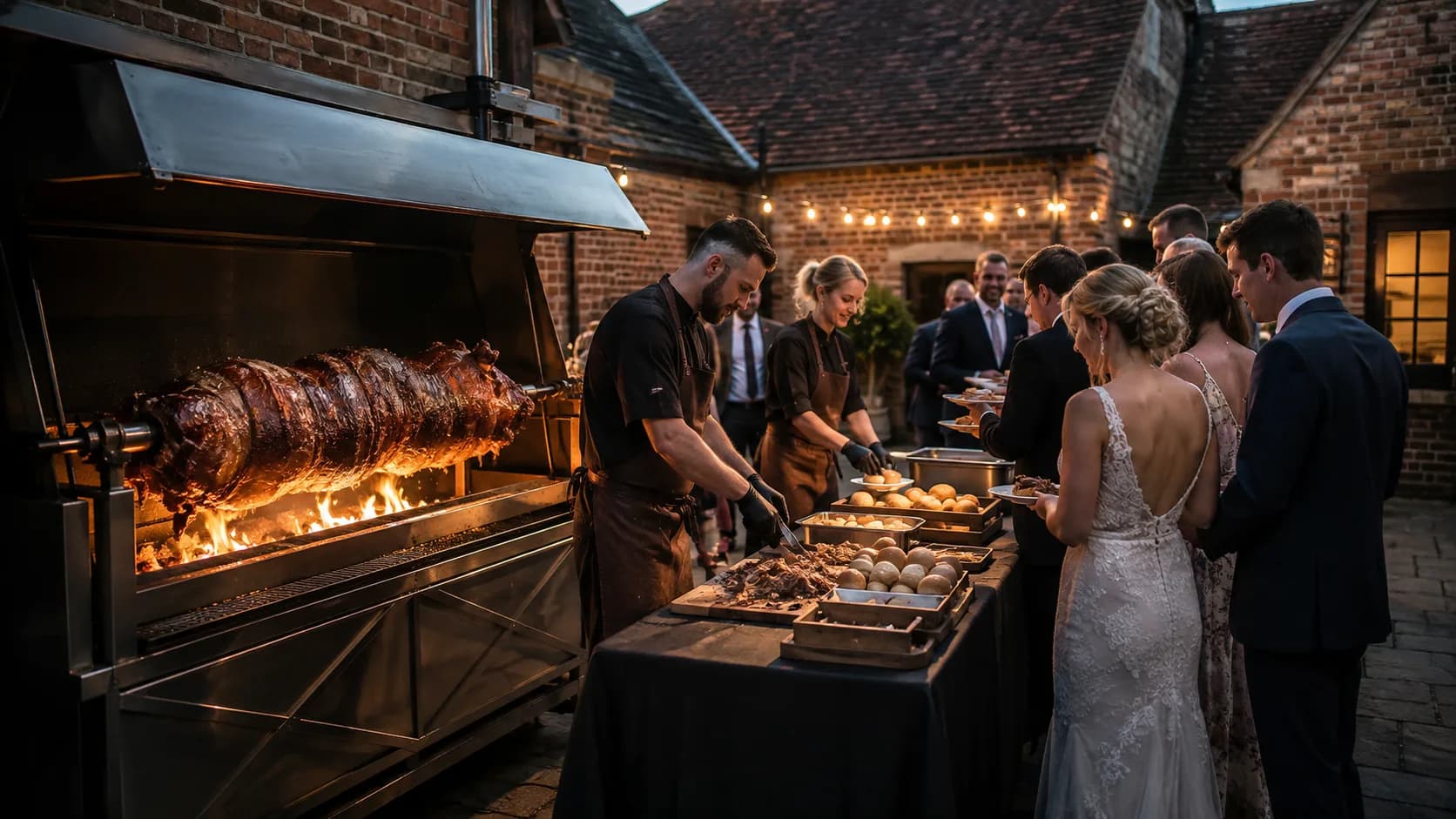 the UK hog-roast team serving guests in a compact brick courtyard