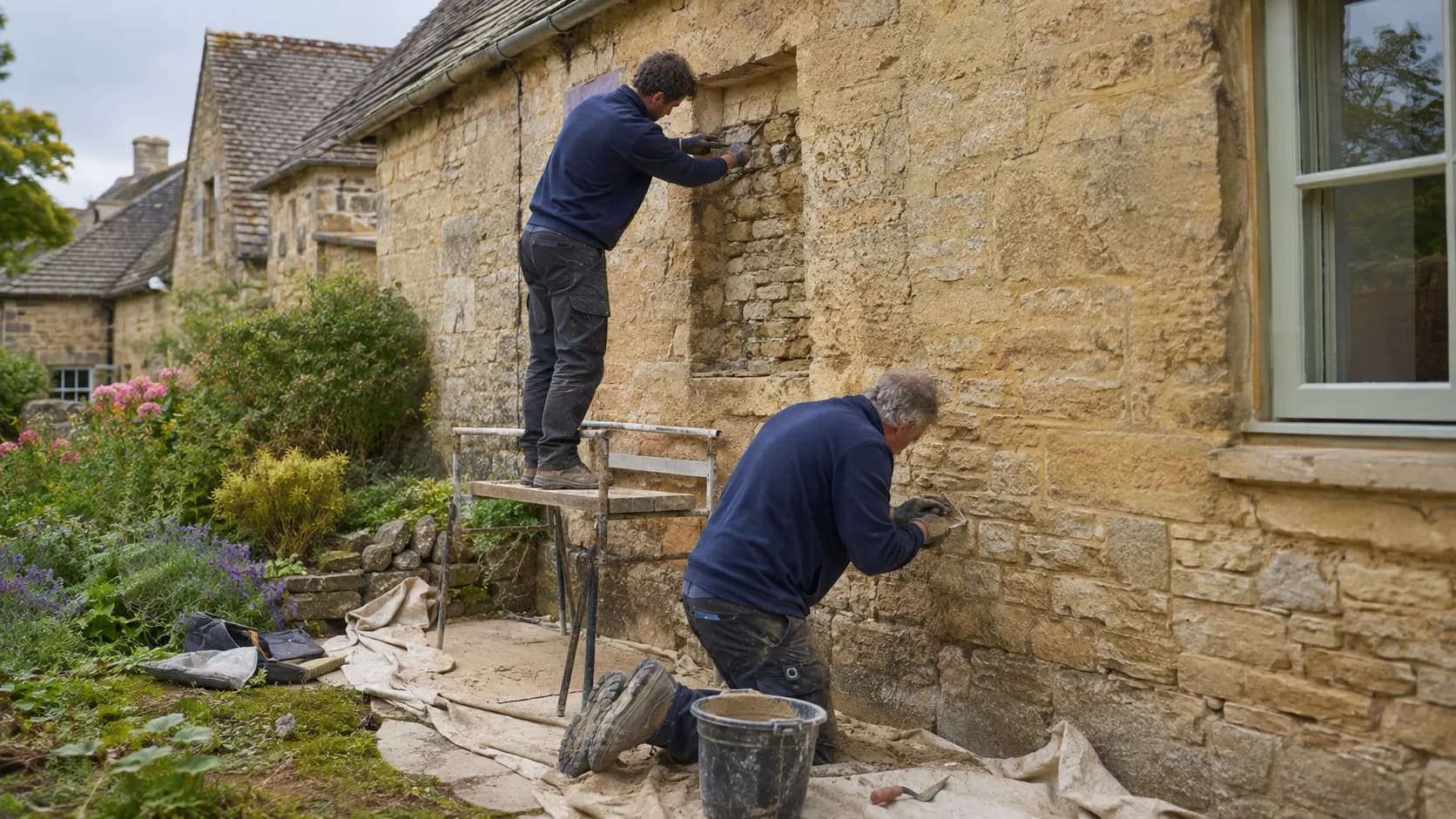 A stonemason dressing a block on site in the UK