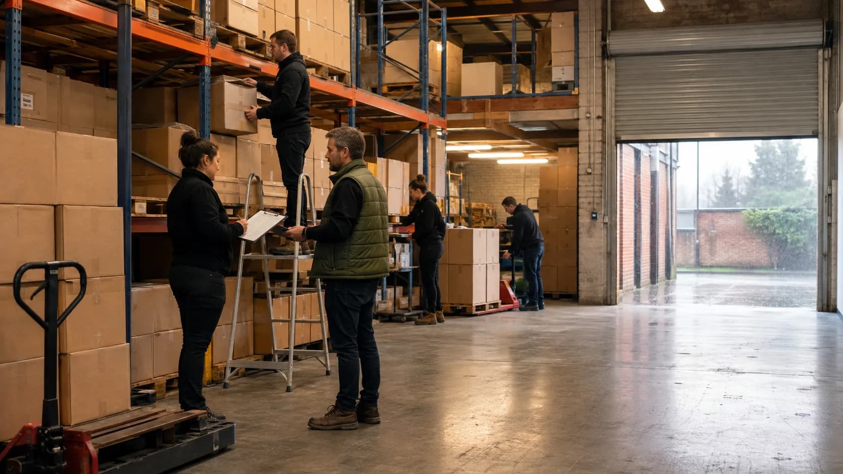Staff guide a hirer through an active warehouse storage bay