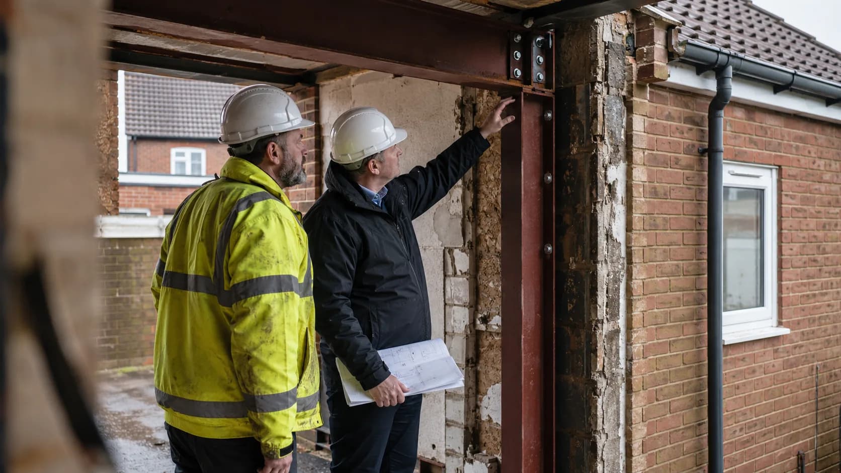 A structural engineer inspects a building connection on site in the UK