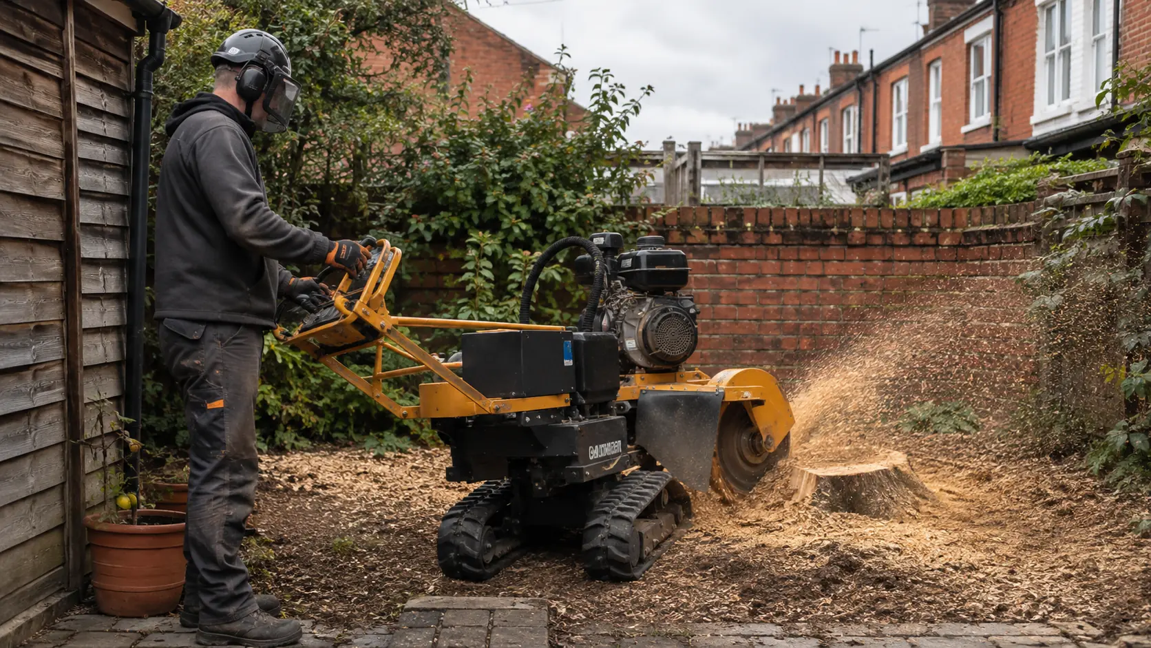 An operator runs a stump grinder in a narrow British back garden
