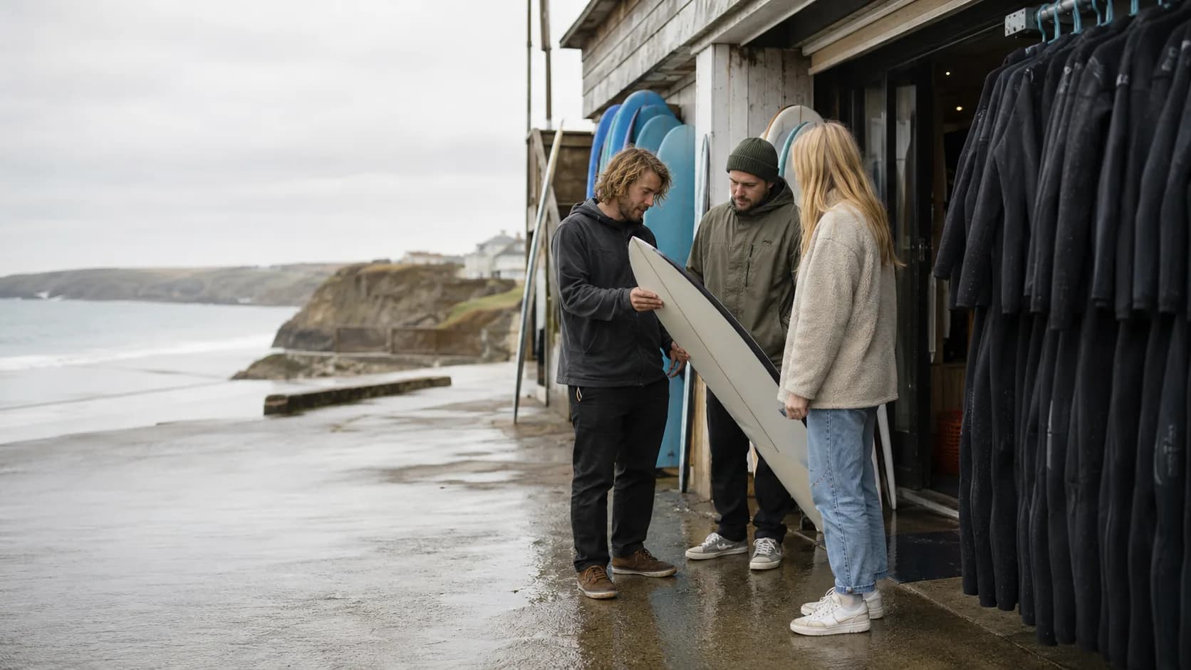 Operator checking a surfboard beside an overcast beach in the UK