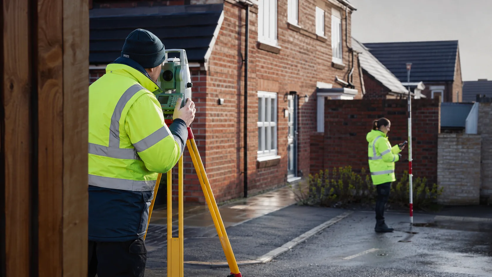 A surveyor takes site measurements using professional equipment in the UK