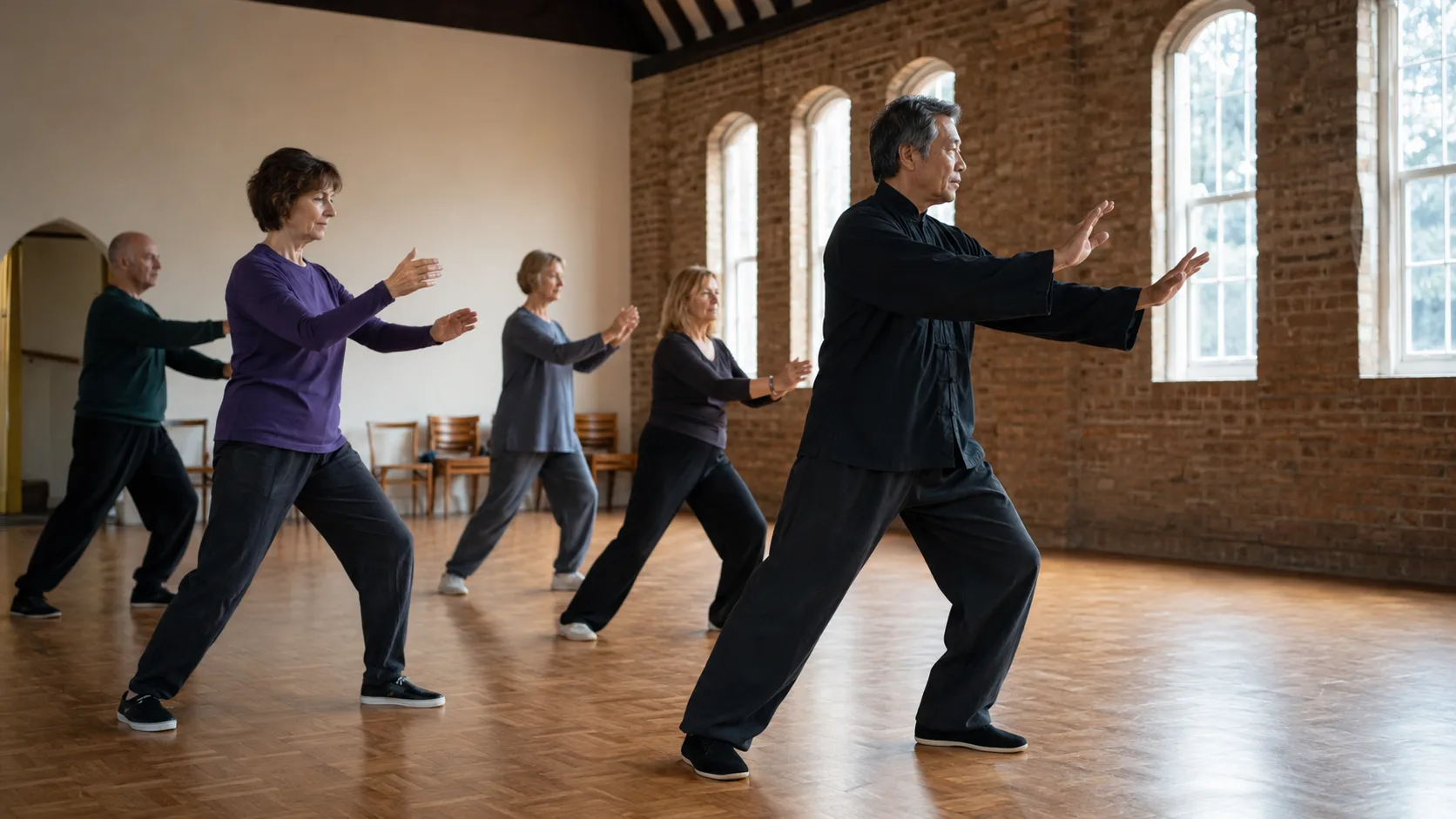 A tai chi class practises forms inside a church hall in the UK