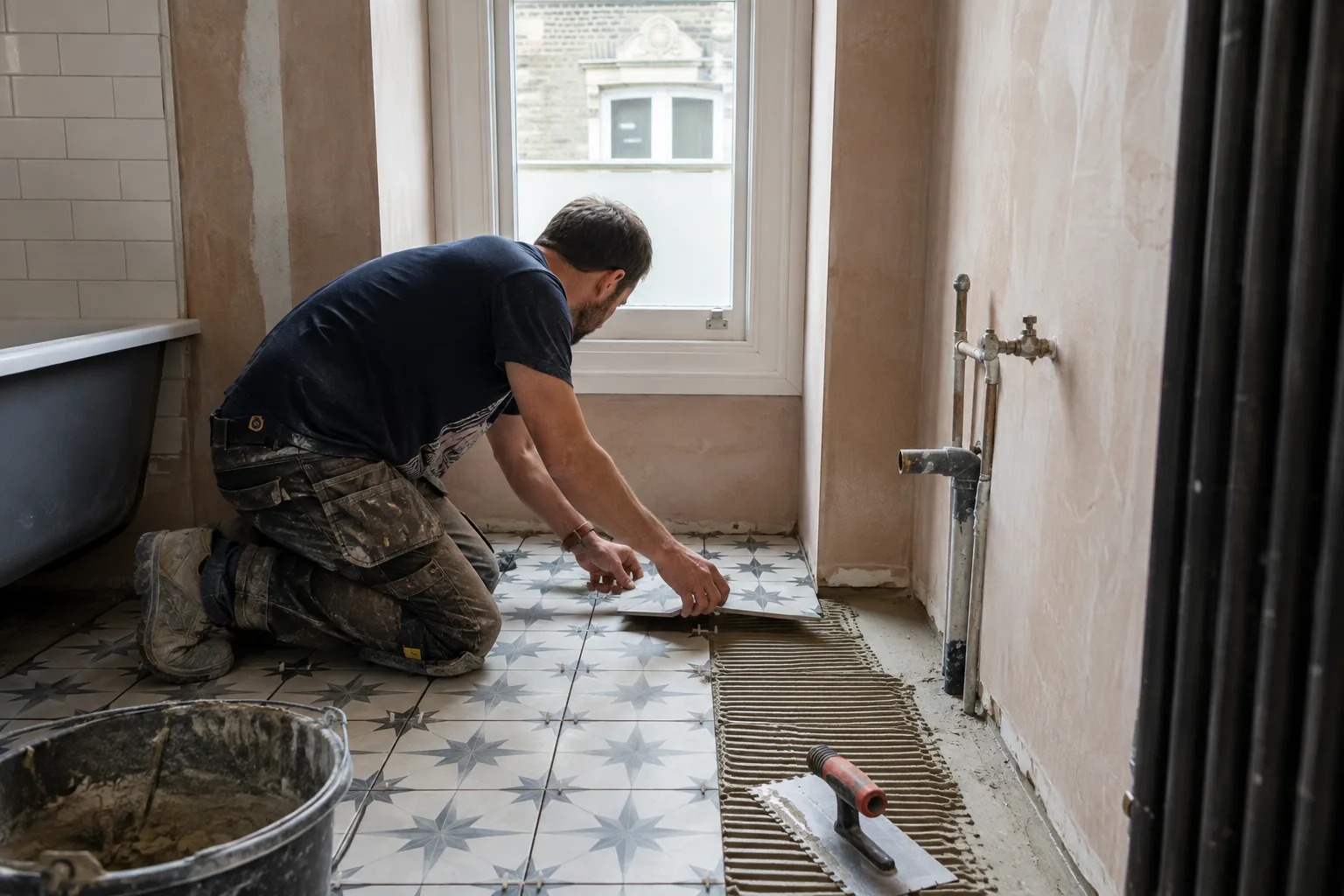A tiler laying a bathroom floor in the UK