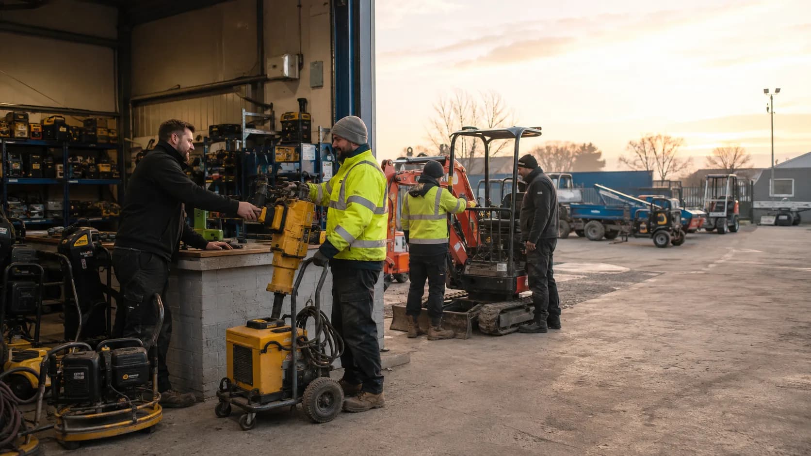 Customers use a busy British tool model beneath clear directional light