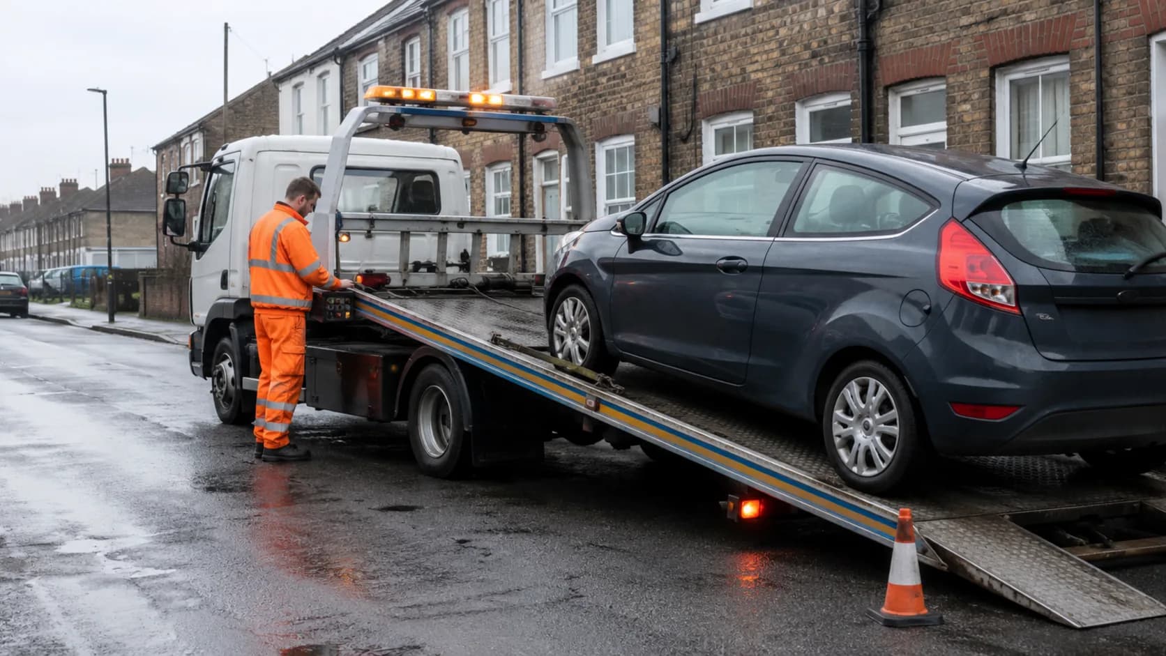 A recovery truck loads a car outside a UK garage forecourt on a wet morning