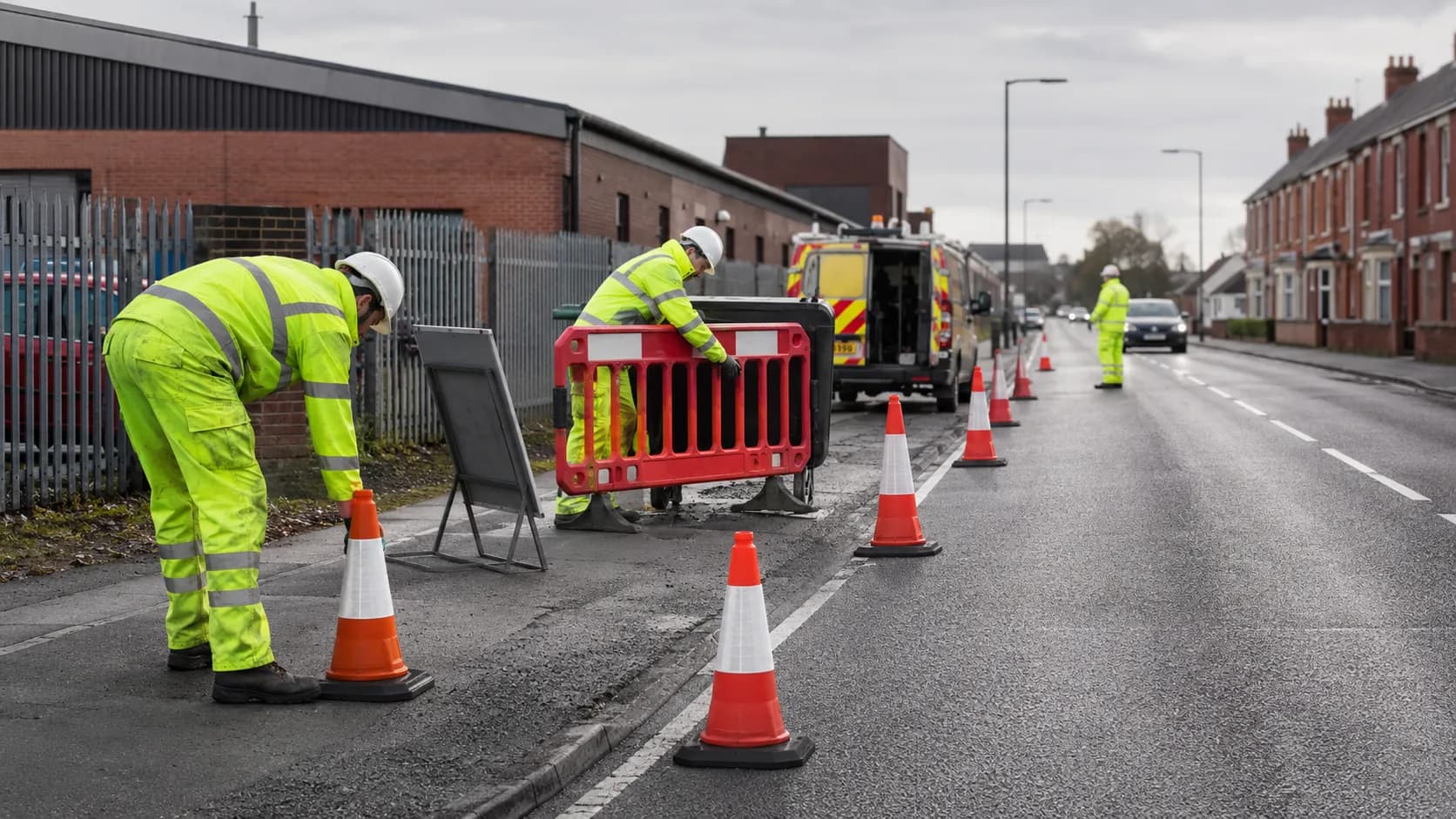 A traffic control crew working a lane closure in the UK