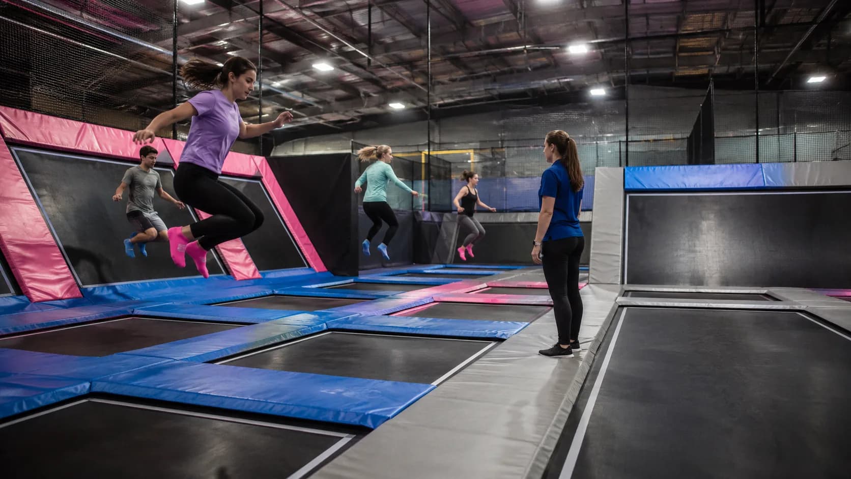Children bounce across a busy indoor trampoline park floor in the UK