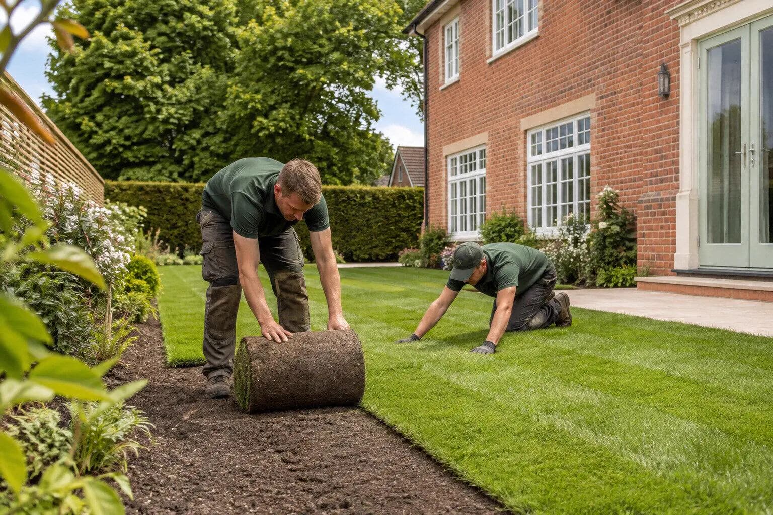 A crew rolling out new lawn over prepared ground in the UK