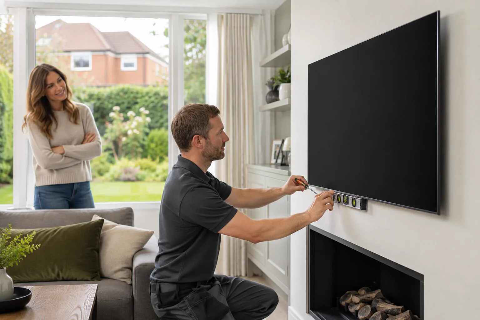 An installer mounting a flat screen on a wall in the UK