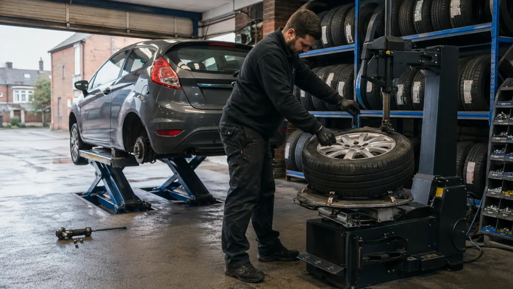 A wheel going back on in a fitting bay in the UK