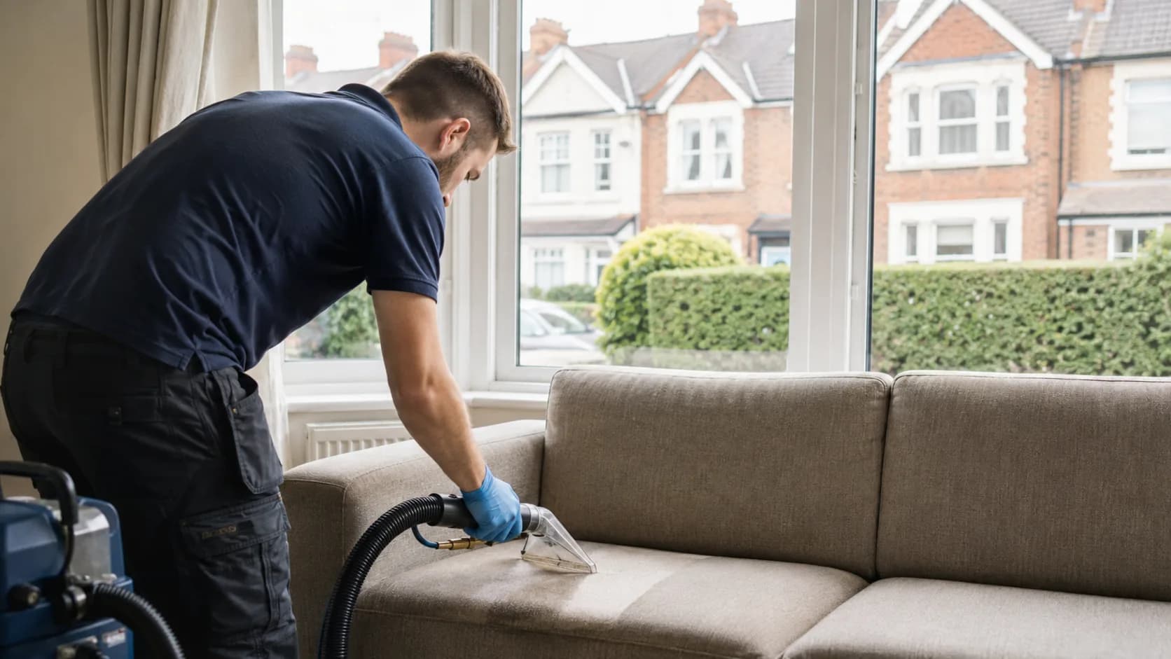 A technician steam-cleaning a fabric sofa in the UK