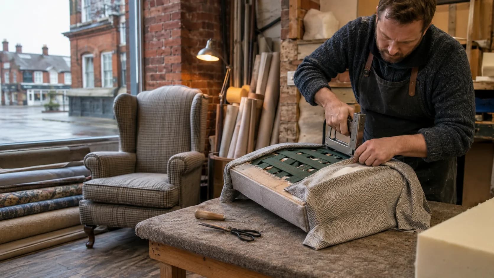 An upholsterer re-covering a chair in a workshop in the UK