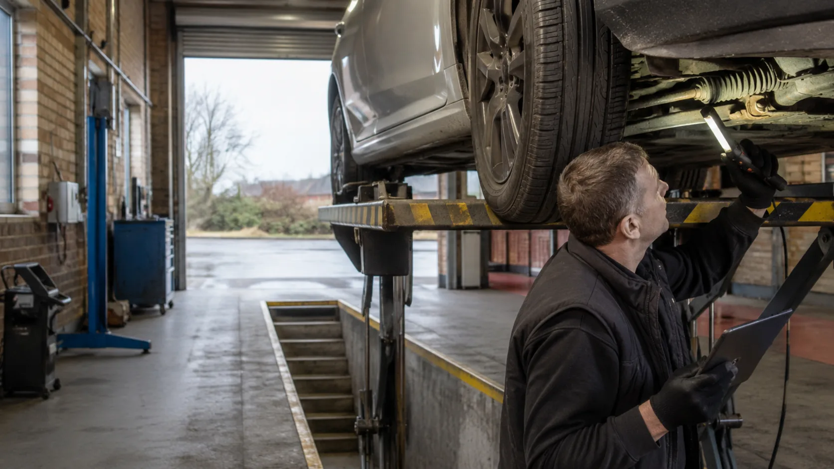 An inspector under a raised car on a ramp, checking the underside with a torch