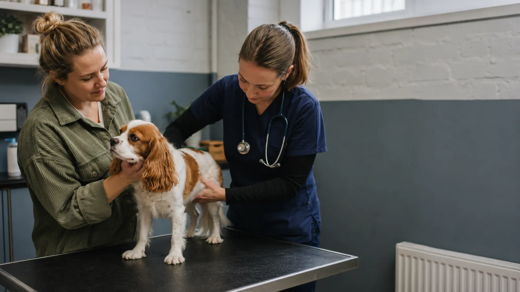 A vet examines a spaniel on the table with the owner beside it in a British clinic