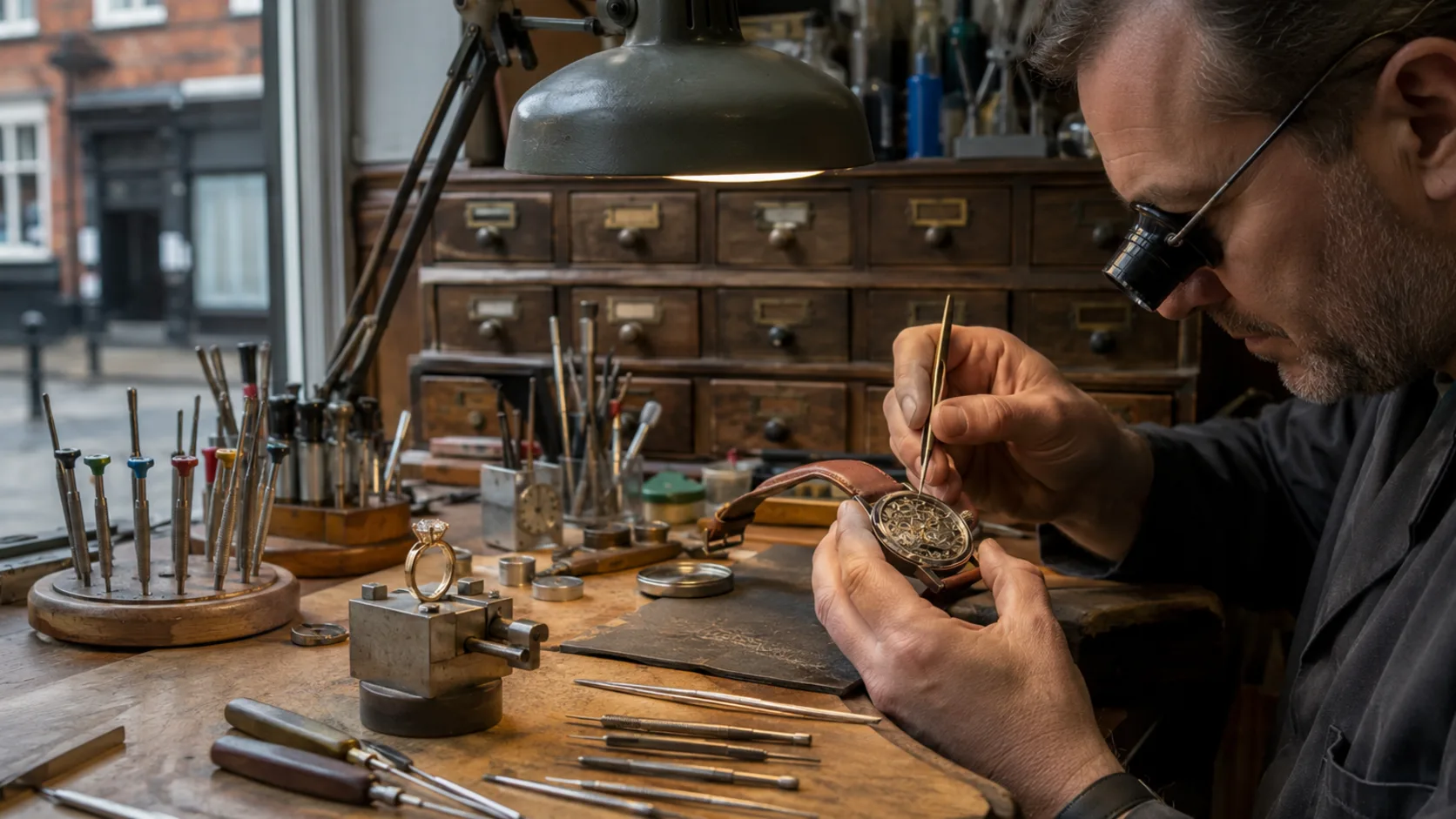A repairer working on a watch movement at a jeweller's bench in the UK