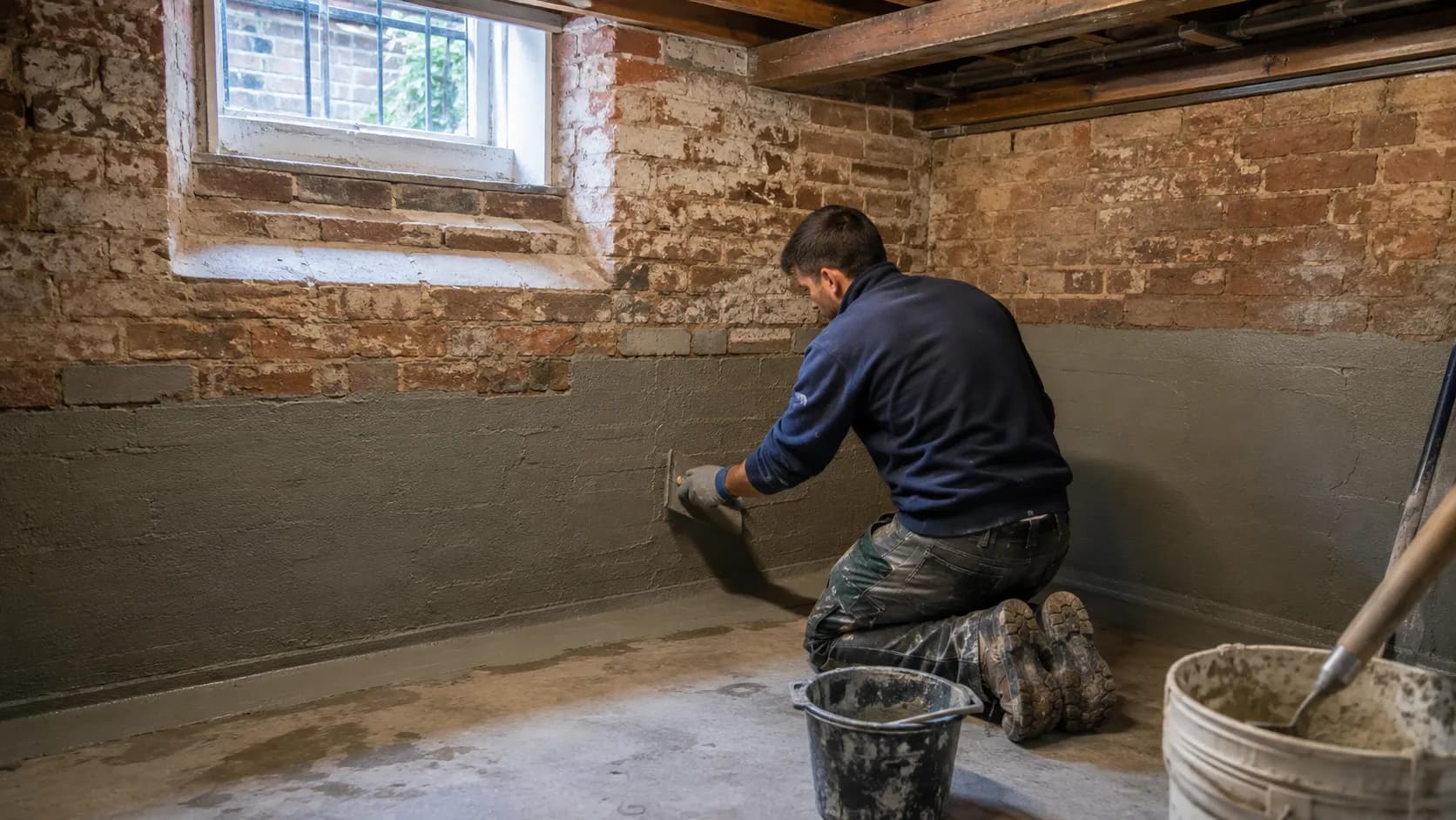 A waterproofer rolling membrane onto a bathroom floor in the UK