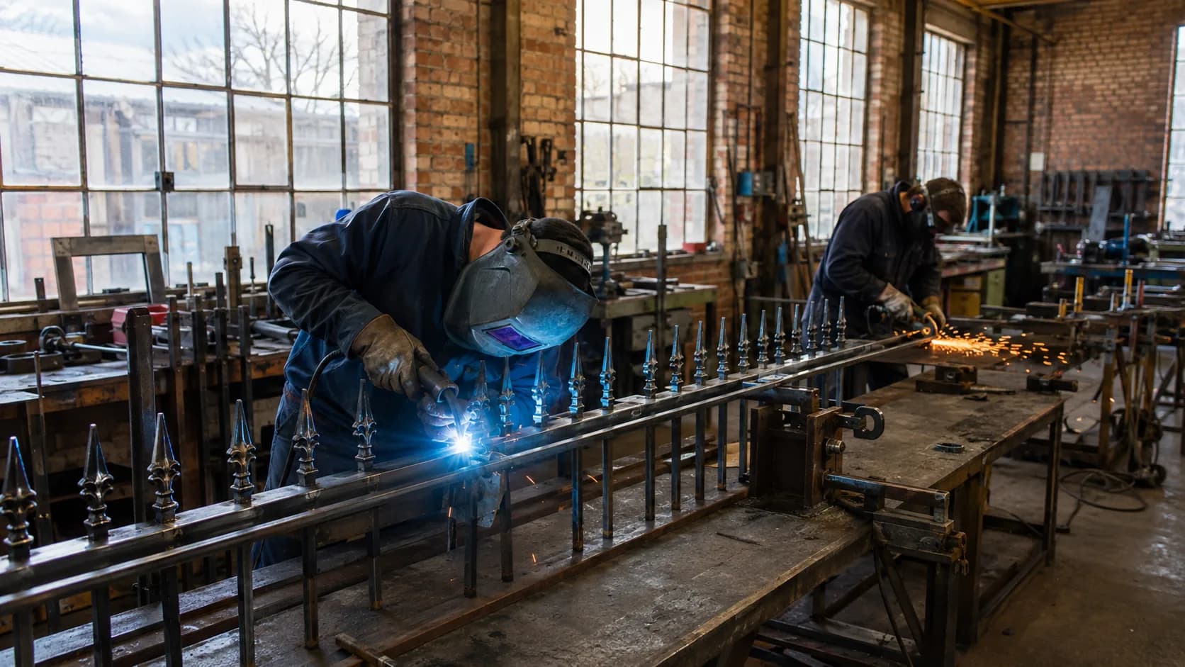 A welder joining steel in a fabrication workshop in the UK