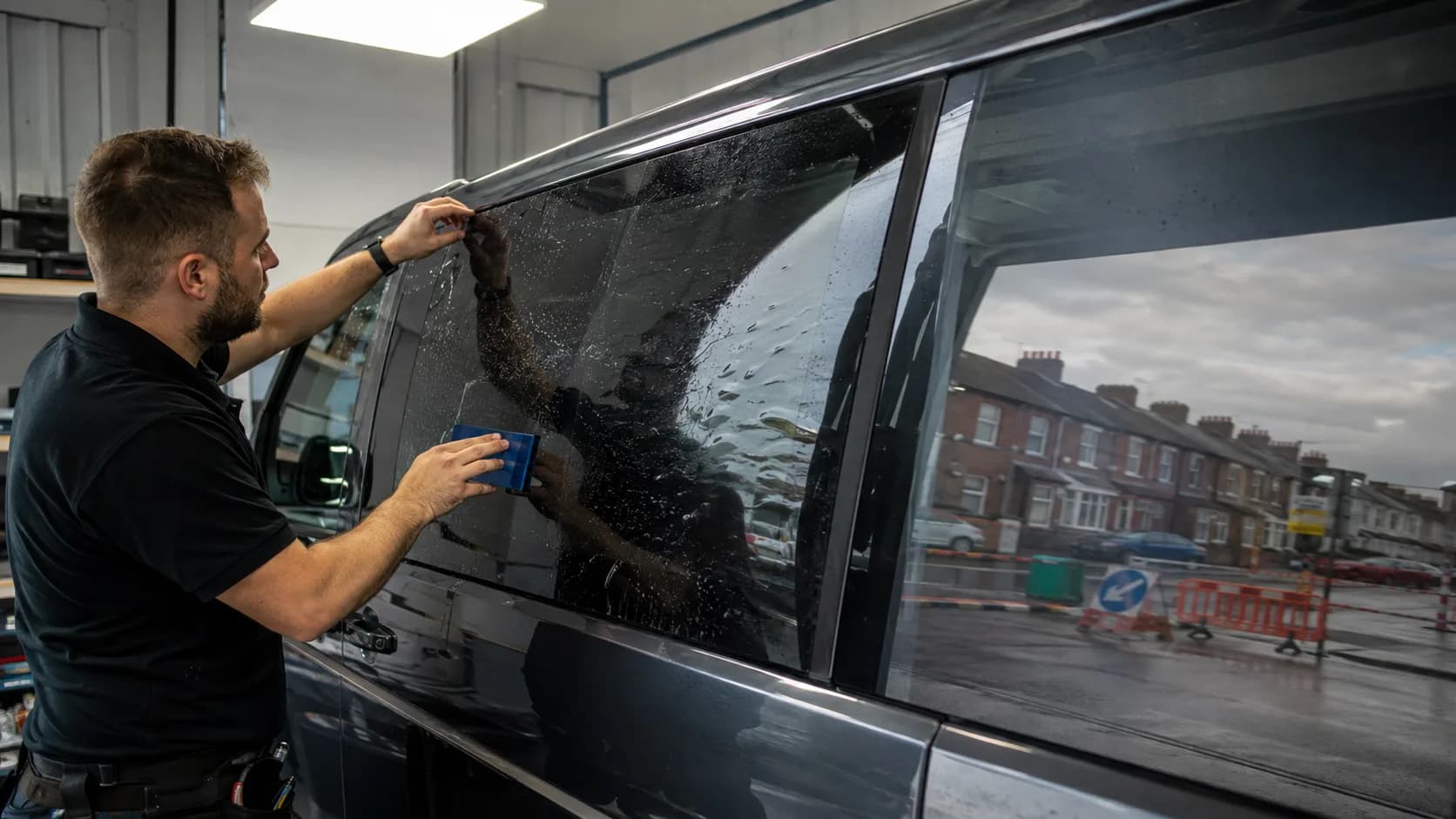 A tinter squeegeeing film onto a window in the UK