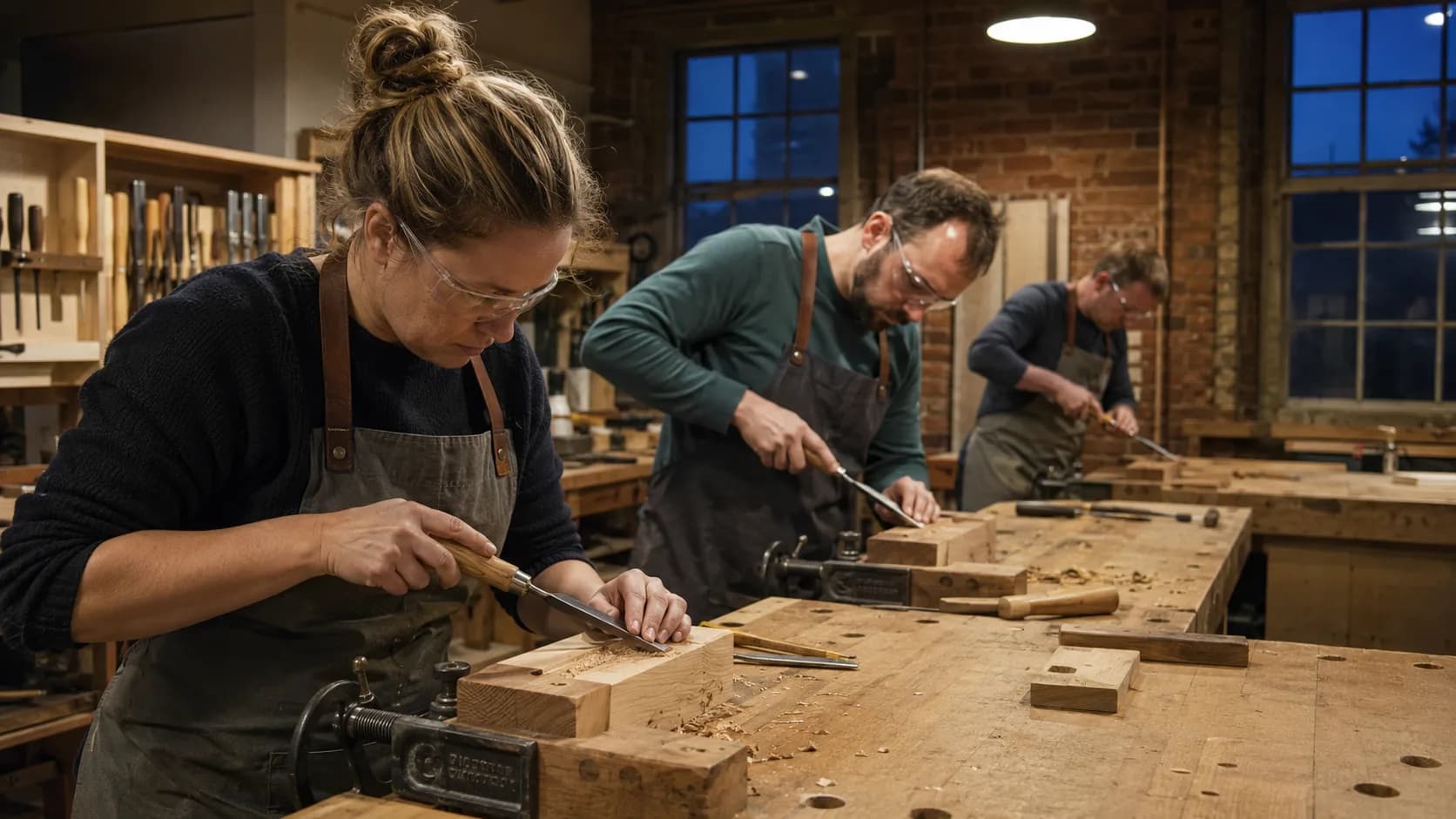 A woodwork tutor at a bench of vices, guiding two learners with hand planes, in the UK