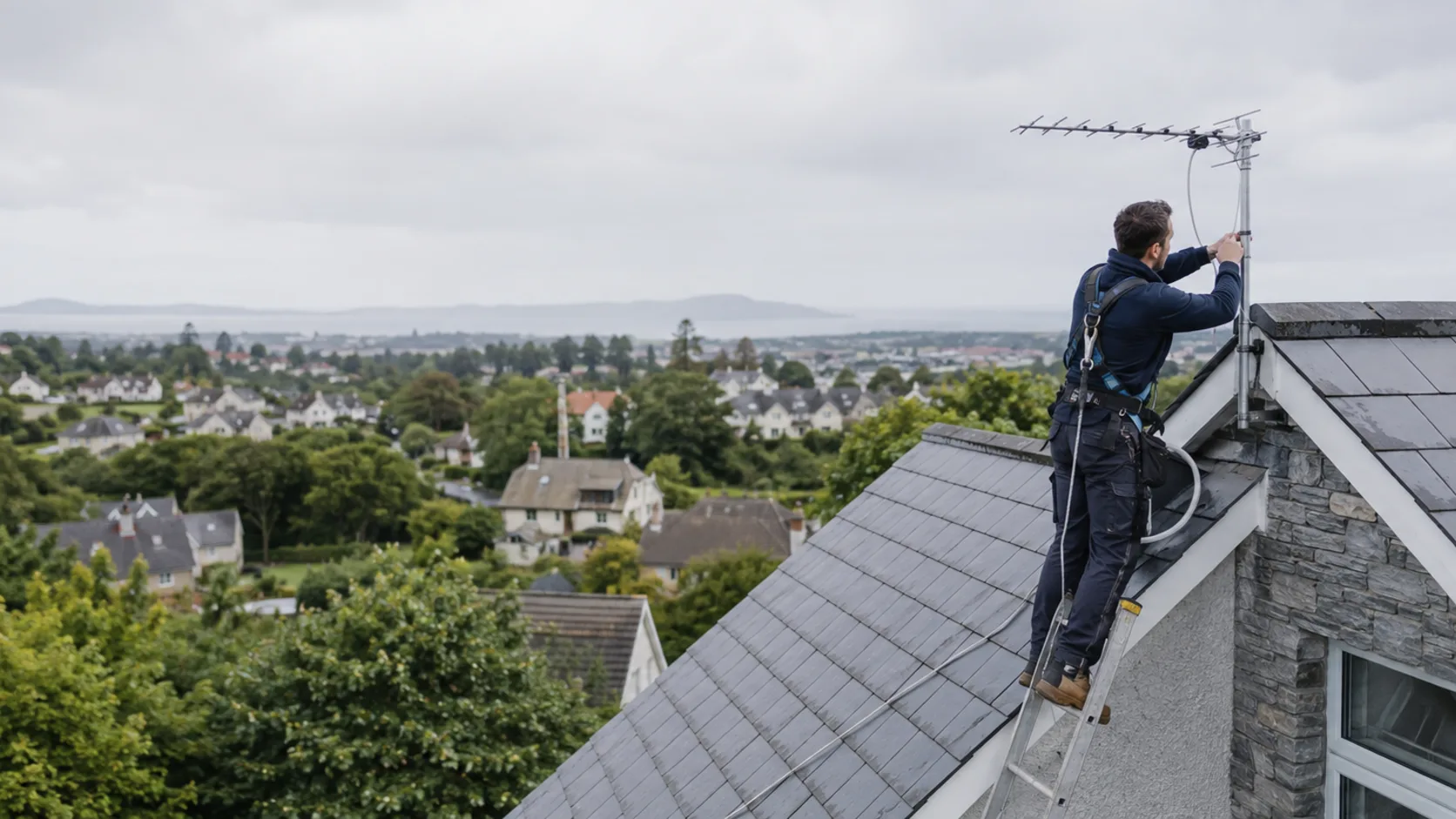 An installer on a slate roof adjusting a TV aerial above a town of rooftops and a church spire