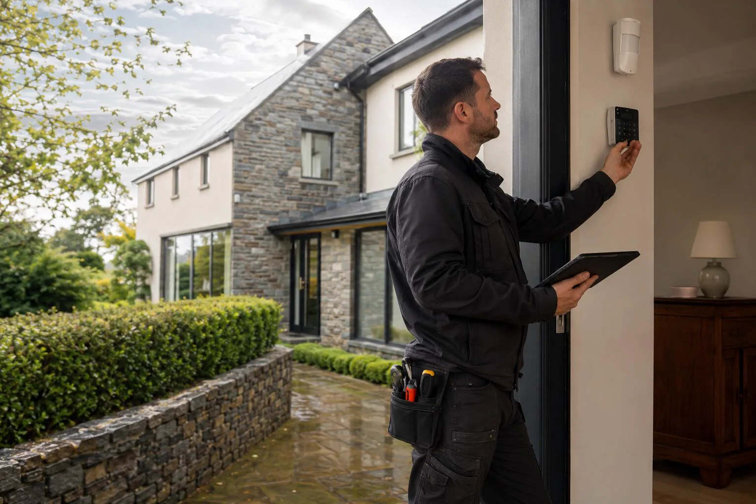 A security technician fitting a camera to a house in Ireland