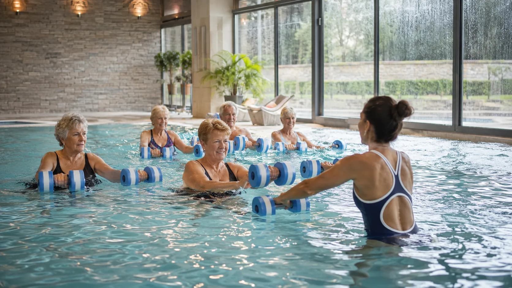 Older adults use foam dumbbells during an aqua class in Ireland
