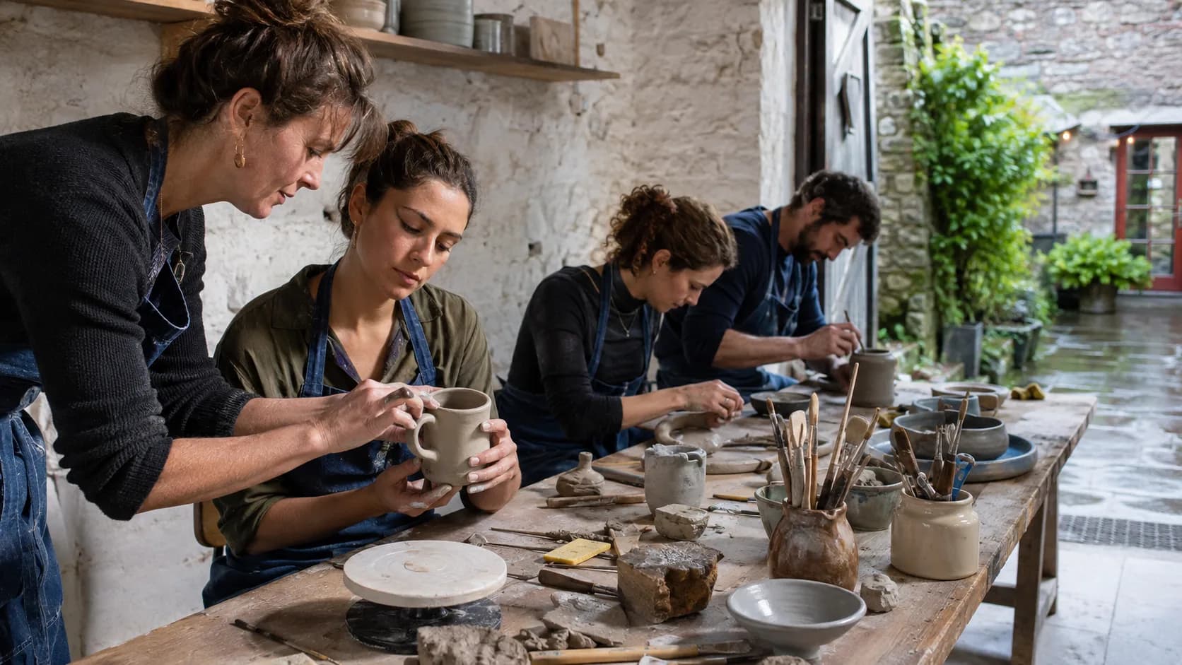 A pottery tutor guides makers during a hands-on studio class in Ireland