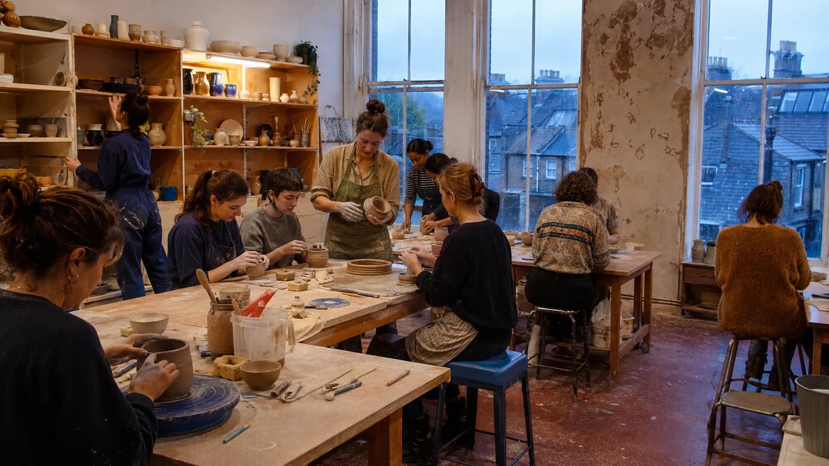 Artists work together around tables in a light-filled working studio