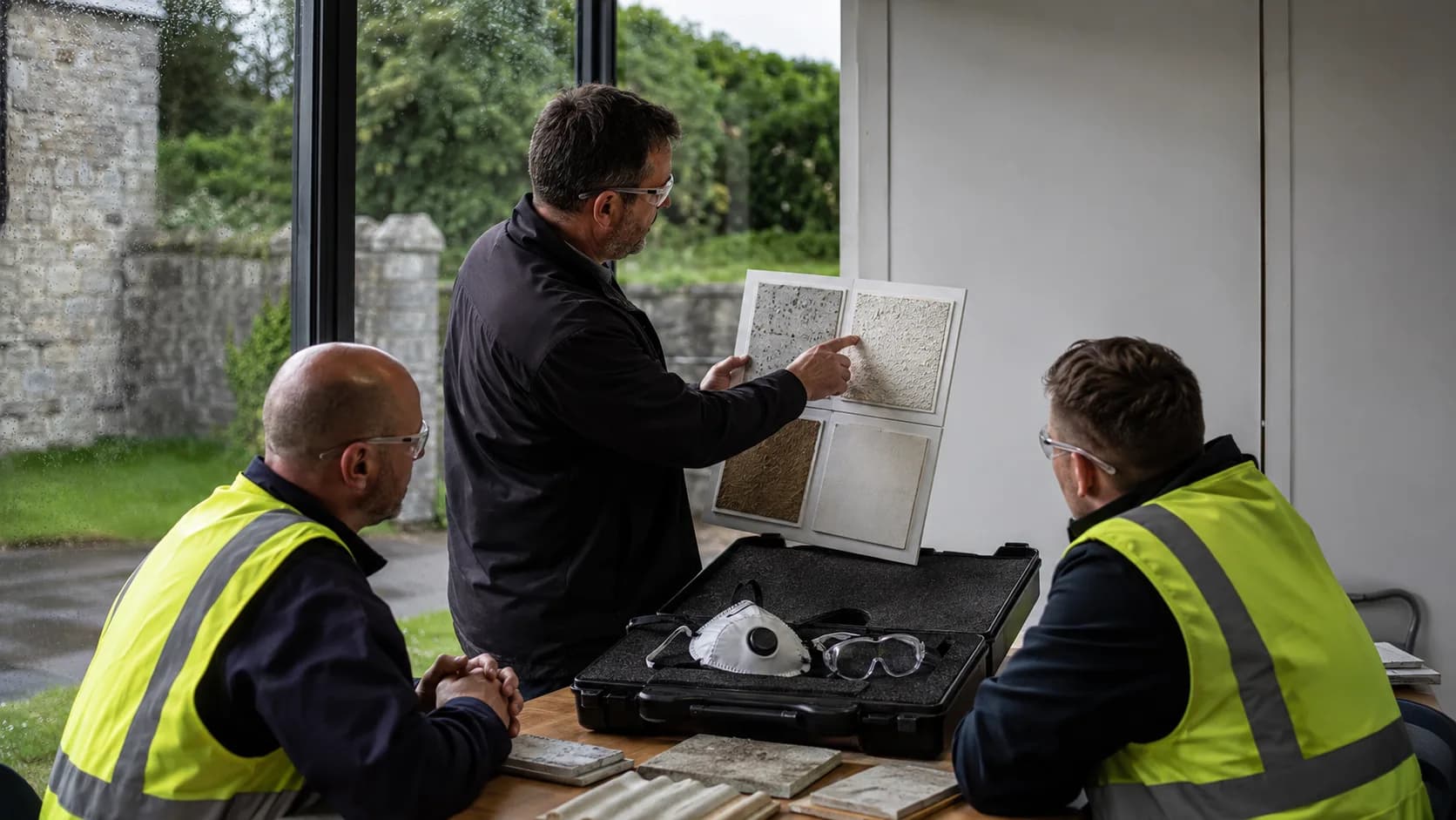 Instructor shows sealed building samples during an asbestos awareness class in Ireland
